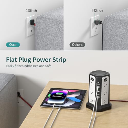 10FT Extension Cord with Multiple Outlets PASSUS Tower Surge Protector - style: Black White-Thin Plug
