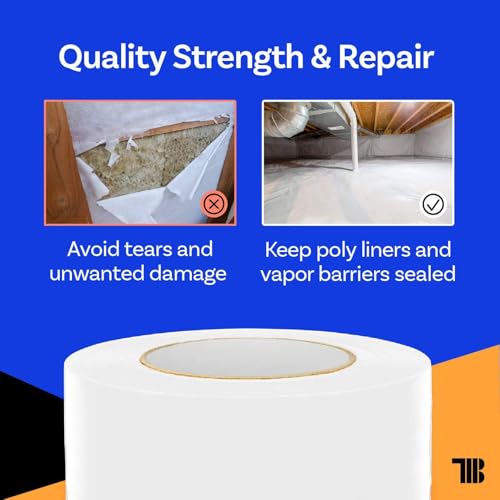 Vapor Barrier Tape - 4 inch x 180' Roll, Made in USA, White Polyethylene Tape for Crawl Spaces & Moisture Barriers, Waterproof Seal & Seam Tape for Underlayment, Insulation, and Plastic Liners
