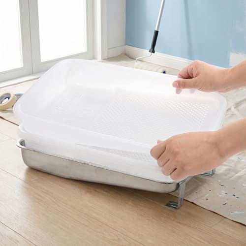 Jucoan 9 Inch Metal Paint Tray with 20 Pcs Plastic Disposable Paint Tray Liners, Reusable Metal Paint Pan with Liners for DIY Home Wall Painting