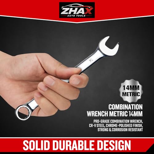zhax 14mm Metric Combination Wrench, 12 Point Box End, 15 Degree Offset Design, Mirror Polish Finish, Forged CR-V Steel, Hand Tools for Mechanics, Ideal for Auto and Home Repair - size: 14mm