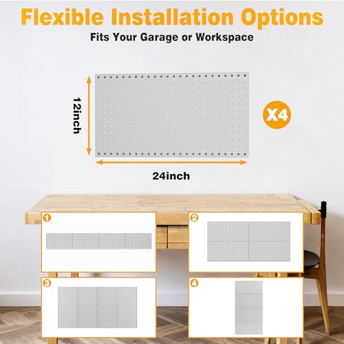 Pegboard Smith Metal Pegboard Panels 12" x 24", 4 Pack Grey Wall Mounted Tool Organizer Boards, Heavy Duty Tool Storage Peg Board for Garage, Workbench, Office, Fits 1/4" Peg Hooks - style: 4 Pack Grey Panels