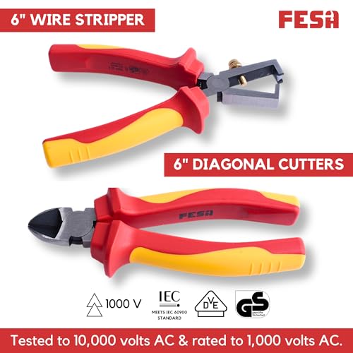 FESA Electrician Insulated Pliers Set - 1000V 5-Piece Professional Electrician Pliers Set with Chrome Vanadium (CR-V) Jaws & Soft-Grip Traction Handles - 1000V Insulated Tools for Electricians