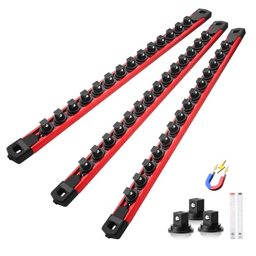 Reniteco Magnetic Socket Organizer Set, 3-Pack 3/8” Socket Rails - color: Red, size: 3/8-Inch Drive,3pc