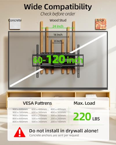 USX MOUNT Heavy Duty Full Motion TV Wall Mount for 60-120 Inch TVs, Holds 220lbs, 28" Extension Wall Bracket, Preassembled TV Mount for 65" 75" 85" 90" 98" 100", Max VESA 900x600mm, Fits 12-24" Studs - size: 60-120 inch