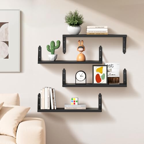 ROMGUAR CRAFT Wood Wall Floating Shelves Set of 4, 17" x 6" - Black - color: Black, size: 17" x 6"