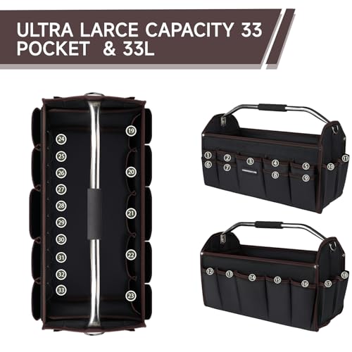 20 In Tool Carrier, Open Top Tool Tote 30 Pockets, Waterproof Tool Bag For Men, Foldable Wide Mouth Electricians Tool Bag, With Stainless Steel Handle and Removable Shoulder Strap - size: 20IN