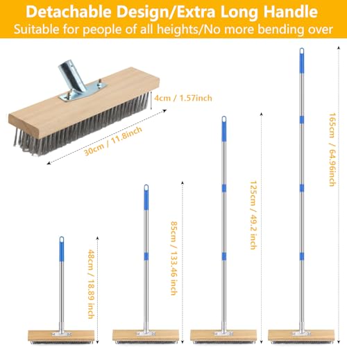 Stainless Steel Deck Brushes for Scrubbing Heavy Duty, 65" Deck Scrub Brush with Long Handle - Concrete Scrub Brush Stiff Metal Bristle Concrete Brush for Cleaning Moss Patio Garage Garden Pool Floor