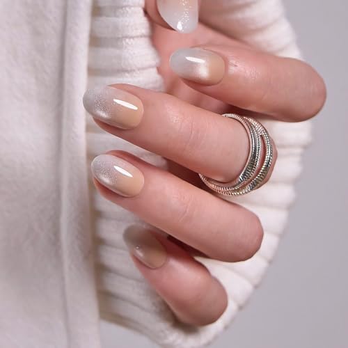 CurvLife Short Oval Cat Eye Press On Nails, Apricot Veil Nude, Soft Gel - color: Apricot Veil