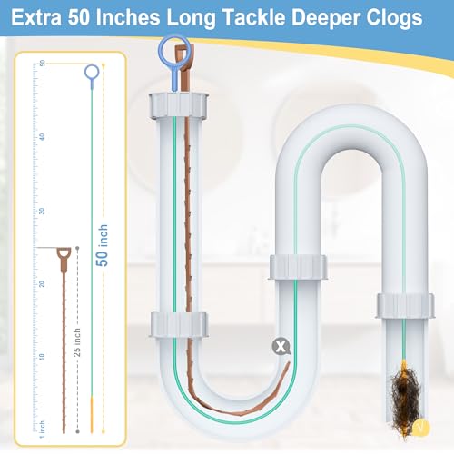 50 Inch Drain Snake, Reusable Hair Drain Clog Remover Tool, 3 Pack