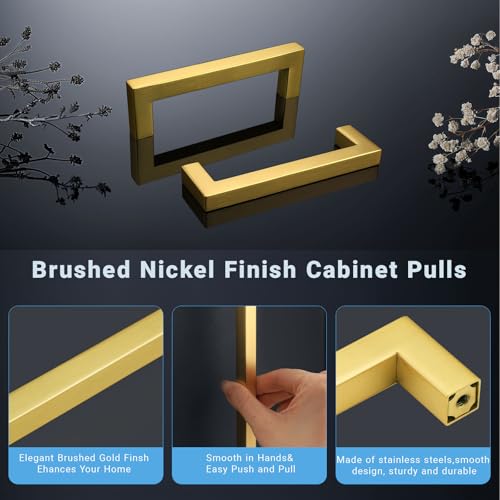 KNOBWELL 6Pack 5 Inch Brushed Gold Cabinet Pulls Stainless Steel Kitchen Cabinet Handles Square Drawer Pulls Modern Cabinet Hardware Handles，128mm Hole Centers - color: Brushed Gold, size: Hole Center:5 inch(128mm)