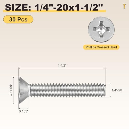 METALLIXITY 1/4"-20x1-1/2 Phillips Flat Head Bolts 304 Silver 30Pcs - color: Silver, size: 1/4"-20x1-1/2"