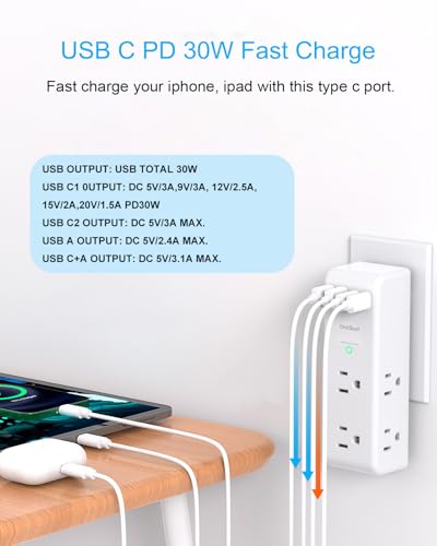 PD 30W Surge Protector Outlet Extender with Rotating Plug, USB Wall Outlet - color: White, size: 2C2A&PD 30W, 1 Pack