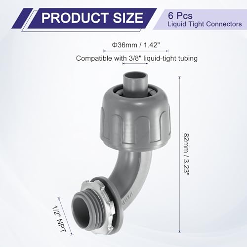 uxcell 6Pcs Nonmetallic Liquid Tight Connectors, 3/8" NPT Plastic Flexible 90 Degree Conduit Fitting for Conduit, Pipe Tube Connection and Leakproof, Gray