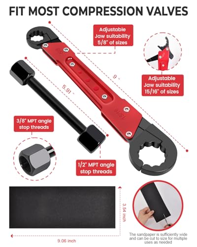 5 Pcs Plumbing Tools Kit with Angle Stop Wrench, Adjustable Wrench Professional Plumbers Wrench for Installing New Compression Angle Stop and Removing Compression Ring with Storage Bag - style: Angle Stop Wrench