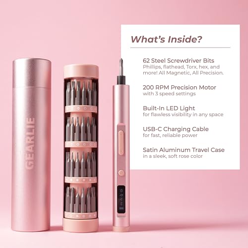 Precision Electric Screwdriver Kit - Heavy Duty Rechargeable Screwdriver + 62 Magnetic Bit Set in Satin Aluminum Travel Case - Pretty and Practical Cordless Driver Tool Set for Women