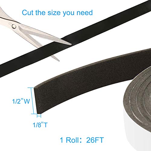 Foam Seal Tape 26 Feet Long, 1/2 Inch Wide x 1/8 Inch High Density Foam Strip Weather Stripping for Door and Window Insulation - size: 1/2"W x 1/8"T x 26FT