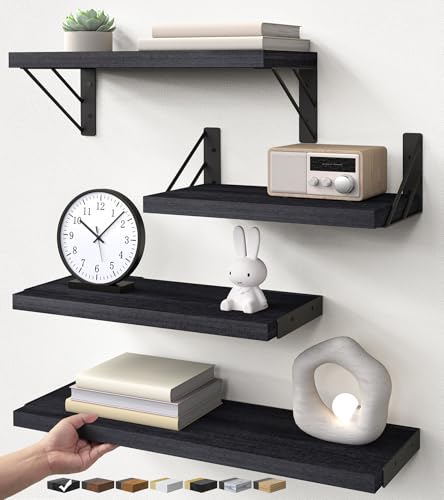 BAYKA Wall Mounted Floating Bathroom Shelves, Wood(Black, Set of 4, 16in) - color: A. Black Board & Black Brackets, size: 16-inch Mixed