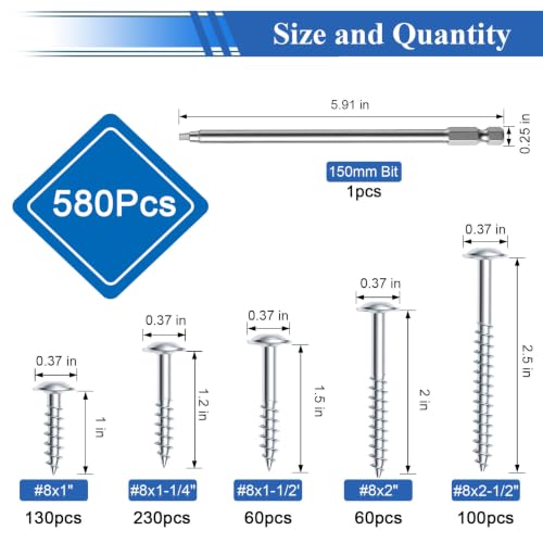 smseace 580Pcs Pocket Hole Screws Assortment Kit #8 x 1, 1-1/4", 1-1/2", 2", 2-1/2" Zinc Coated Square Drive Pocket Screws with 150mm Drive Bit Wood Screw Set - color: Silver