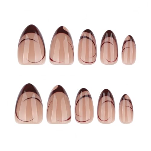 Nude Almond Press on Nails Medium Short, French Fake Nails with Unique Elegant Shaped Burgundy French Tip Design, Glossy Finish Acrylic Nails, Natural Reusable Glue on Nails - color: 29-French Allure