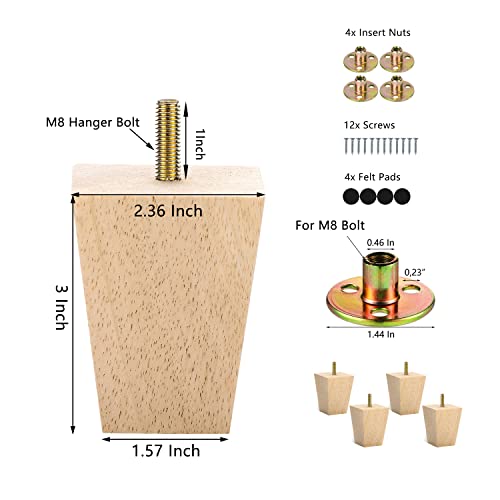 Michanco 3 Inch Unfinished Wood Furniture Legs Set of 4 DIY Square Tapared Wood Furniture Feet for Couch Sofa - size: 3 Inch Unfinished