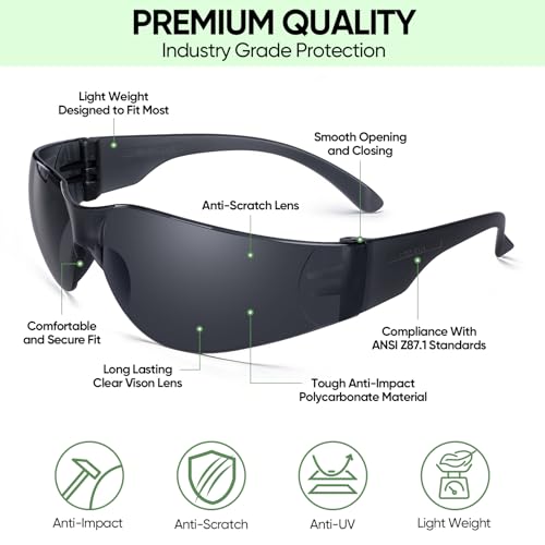TICONN Clear Safety Glasses for Men & Women, ANSI Z87.1 Safety Goggles - style: 120 Pairs Charcoal
