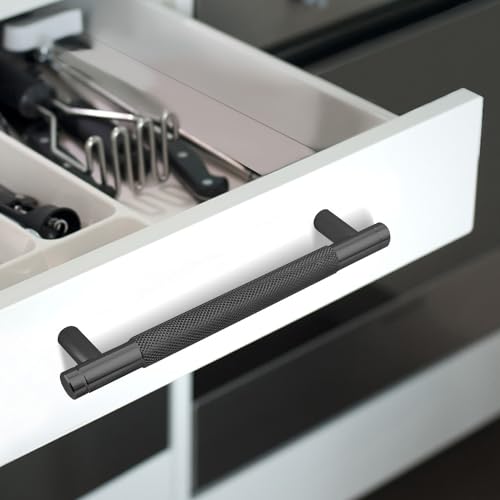 12 Pack 5 Inch 128 mm Black Knurled Cabinet Handles Cabinet Pulls Aluminum Handles Pulls Oxidation Finish with Diamond Pattern 6" Length (5" Hole Center) - color: Black, size: 5 Inch