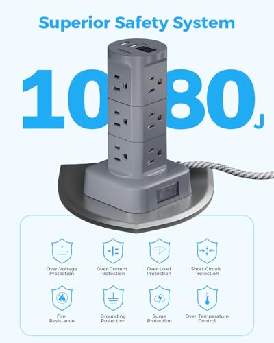 Charging Station Tower, Power Strips with Surge Protection, Flat Plug - color: Gray, size: 6 FT