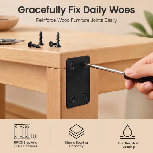16 Pcs Metal Flat Straight Brace Brackets, Black Flat Stainless Steel Mending Plates for Wood Tables, Cabinets, Furnitures, Fences, 2.4 x 1.5 Inch Joining Fixing Brackets