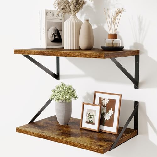 Floating Shelves for Wall,18" Wall Mounted Shelves Set of 2,Wood Floating Shelf with Bracket,Sturdy Metal Bracket Bookshelves Home Decor Storage for Living Room,Bedroom,Bathroom,Kitchen,Rustic Brown - color: Rustic Brown, size: 18"Wx10"D-2pcs