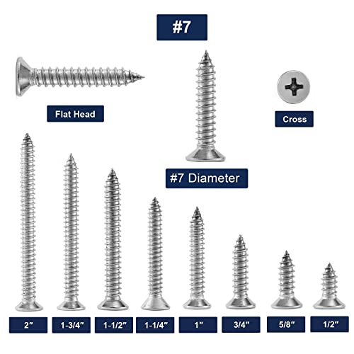 #7 x 1-1/4" Wood Screw 100Pcs 18-8 (304) Stainless Steel Screws Flat Head Phillips Fast Self Tapping Drywall Screws by SG TZH - size: #7 x 1-1/4"