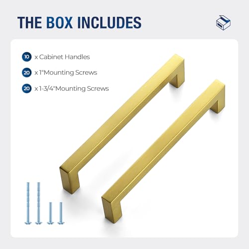 JOY DECOR Gold Cabinet Handles Square Cabinet Pulls, 6-1/4 Inch CC, 10 Pack - size: 6-1/4 Inch Hole Center