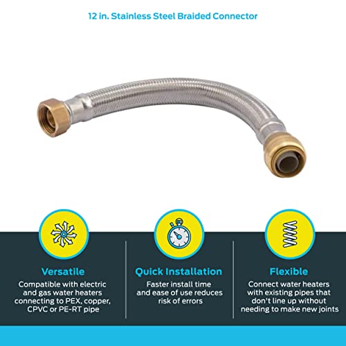 SharkBite 3/4 Inch x 3/4 Inch FIP x 12 Inch Stainless Steel Braided Flexible Water Heater Connector, Push To Connect Brass Plumbing Fitting, PEX Pipe, Copper, CPVC, PE-RT, HDPE, U3088FLEX12LF - size: 12 in, style: SharkBite