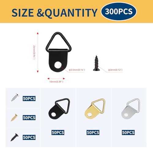 150 Pack Triangle D Ring Hangers for Picture Frame Canvas Mirror Hanging, 3-Color Gold Silver Black 50 Each, Heavy Duty Metal Picture Hanging Hardware Kit with Screws