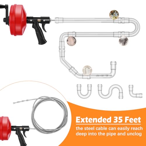 35 FT Double Mode Drain Snake Tools, 14-in-1 Drain Auger | Sink and Drain Unblocking, Plumbing Snake for Kitchen, Bathrom and Shower Sink, Snake for Real DYIs【Upgraded】 - color: 35ft-n-red&black