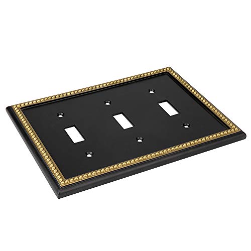 Pearled Frame Decorative Wall Plate Switch Plate Outlet Cover (Triple Toggle, Black & Dark Golden) - style: Triple Toggle