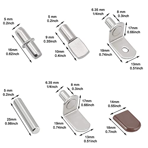 102Pcs Shelf Pins Pegs Kit,6 Styles Nickel Plated Shelf Support Pegs,Bookshelf Pegs for Shelves,L-Shaped Clips with Rubber Sleeve,Shelf Pins Holders for Furniture Glass Corner & Closet(5mm & 1/4inch) - style: 6 Style-Silver-102 Pcs