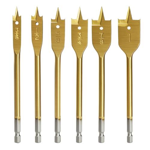 COMOWARE Spade Drill Bit Set- Paddle Flat Bits, Hole Cutter, Titanium Coating, Carbon Steel, Woodworking, 6-Pieces, 3/8"-1" - style: 6 pcs Titanium