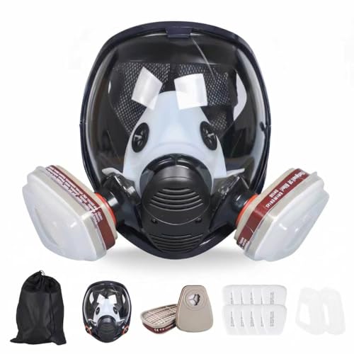Spherical Wide View Full Face Respirator with Built-in Microphone, Reusable Anti-Fog Silicone Full Face Gas Mask, Dual Air Inlets & Replaceable Filters for Spray Paint, Chemical, Sanding Protection