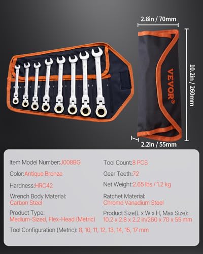 VEVOR Flex-Head Ratcheting Wrench Set, Nickel Plating, 8-piece Flexible Ratcheting Combination Wrench Set with Roll-up Pouch, CR-V, 72 Teeth, Metric 8-17mm - size: 8PCS (Metric), style: Flex-head