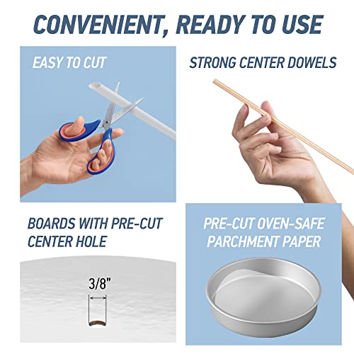 BluShore Cake Boards Tiering Kit - Cake Board 10 Inch, 8 Inch, and 6 Inch (5 Pieces Each) With Parchment Paper Rounds, Wooden Dowels, and Straw Dowels - Cardboard Cake Rounds Stacking Kit [130 Pieces]