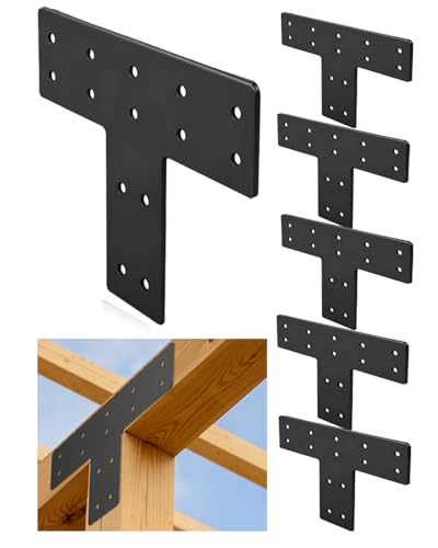 6 Pcs Heavy Duty T Plate Brackets, 12"x8" Black T Shape Mending Plate, 0.12" (3mm) Thick Steel Flat Bracket for 4x4 6x6 Wood Post to Beam, Truss Framing, Pergola & Furniture Repair - size: 6 Pack, style: Standard T-Plate