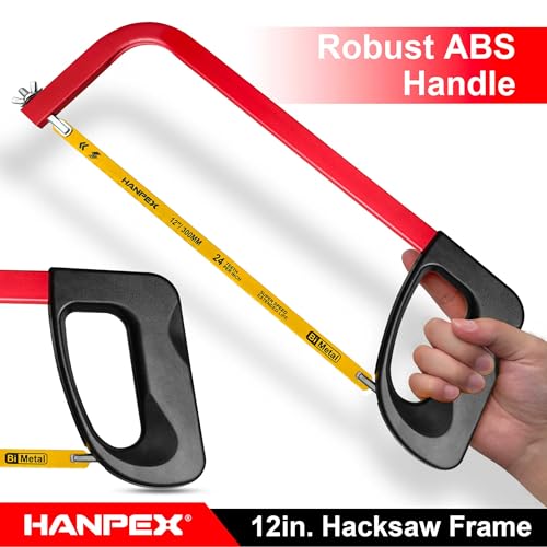 Hanpex 12in. High-Tension Hacksaw Frame with 24 TPI Bi-metal Blade, Hand Saw Suitable for Metal, wood, PVC, Carpentry（Black Handle） - style: Hacksaw with Red Handle