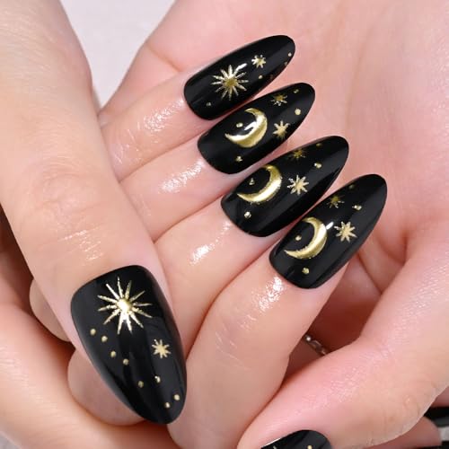 Black Star Moon Press on Nails, Long Almond Acrylic Fake Nails Design, Natural Reusable Glue-On Nails Kit for Women DIY 3D False Nail Art Decoration Gift, Salon Quality Reusable 15/30 Psc - color: 289-Star Moon, size: 24 Pieces (Pack of 1)