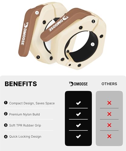 DMoose Fitness Barbell Clips 2 Inch (Pair) - Quick Release Olympic Barbell Clamps & Collars with Anti Slip TPR Grip for Secure Weightlifting and Powerlifting - Weight Clips for Bars at Home or Gym - color: Beige, style: Magnetic
