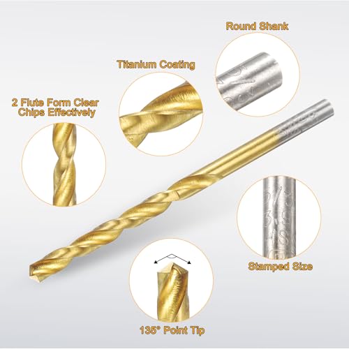 uxcell 12pcs Titanium Twist Drill Bit 5/32" Drilling Dia High Speed Steel Drills for Hardened Metal, Stainless Steel, Cast Iron, Wood, Plastic - size: 5/32 inch