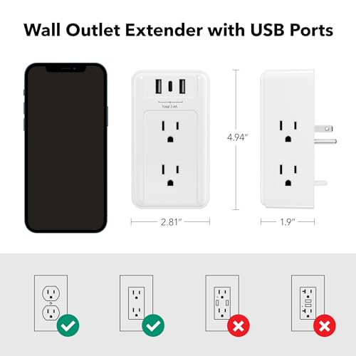 BN-LINK Multi Plug Outlet, 6 Wall Outlet Extender with 3 USB Charging Ports (1 USB C) Total 3.4A, 3-Sided Outlets Splitter Multiple Outlet Wall Plug for Home Office Dorm Room - size: 6 Outlets (3 Side) (USB)