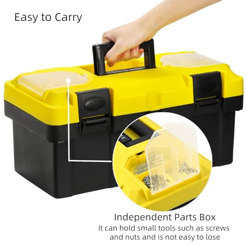 Cididu 16 Inch Plastic Tool Box with Handle, Portable Toolbox with Removable Tray and Lockable Design, Heavy Duty Toolbox Organizer with Small Parts Box for Household Workshops Garages, Black Yellow