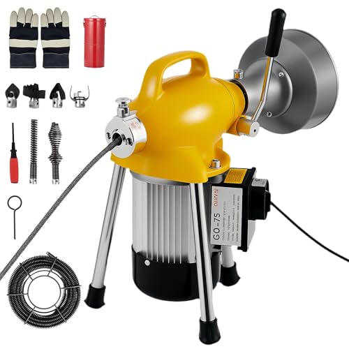 500W 400 RPM Auto Feed Electric Drain Cleaner Machine (66FT x 5/8" + 16FT x 3/8", Yellow and Sliver) - color: Yellow and Sliver