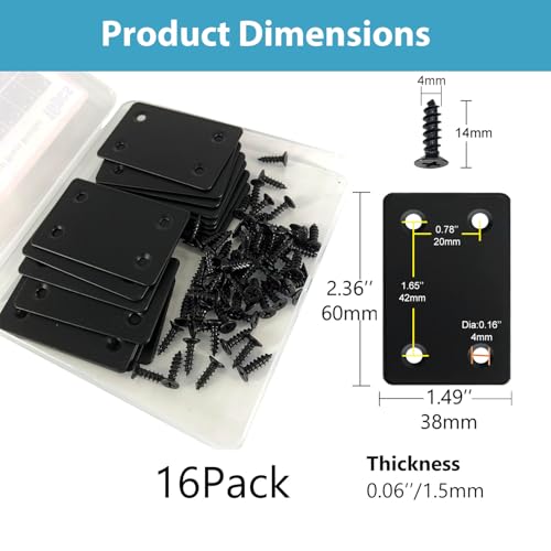 QSJ 16 Pack Stainless Steel Flat Mending Plate 2.36x1.49'', Thickness 1.5mm Straight Stainless Steel Brace Bracket, Fixing Joining Plate for Wood Furniture Fastening & Fixing - size: Black, 2.36x1.49''