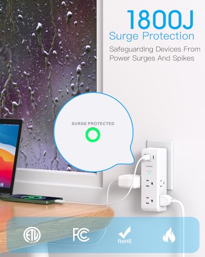 Surge Protector Outlet Extender with Rotating Plug, Multi Plug Wall Outlet - color: White, size: 2C1A, 1 Pack